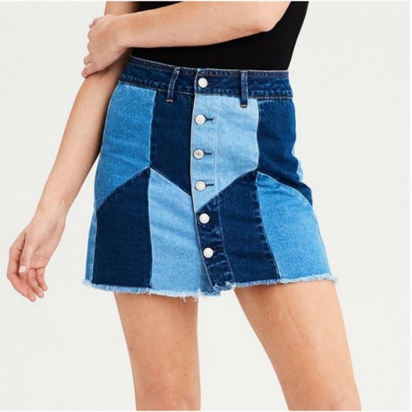 American Eagle Outfitters Patchwork Denim Mini Skirt Size 4 Vintage 70s Style - Picture 1 of 15
